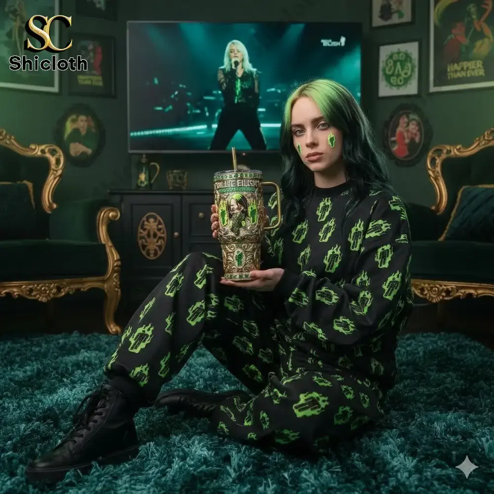 System Of A Down 2026 40oz Tumbler 60 A woman seated in a green themed living room holding an ornate Billie Eilish Happier Than Ever tumbler!