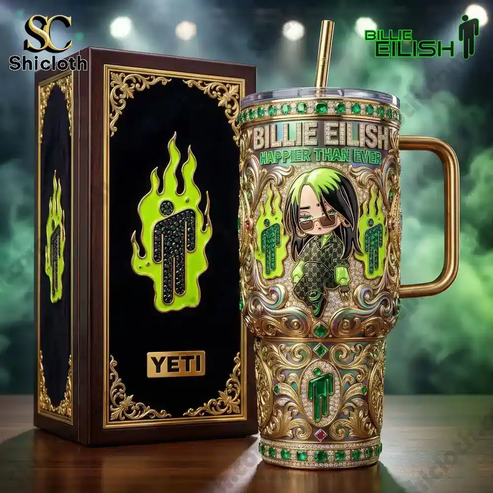 An ornate Billie Eilish Happier Than Ever tumbler displayed beside its decorative box!