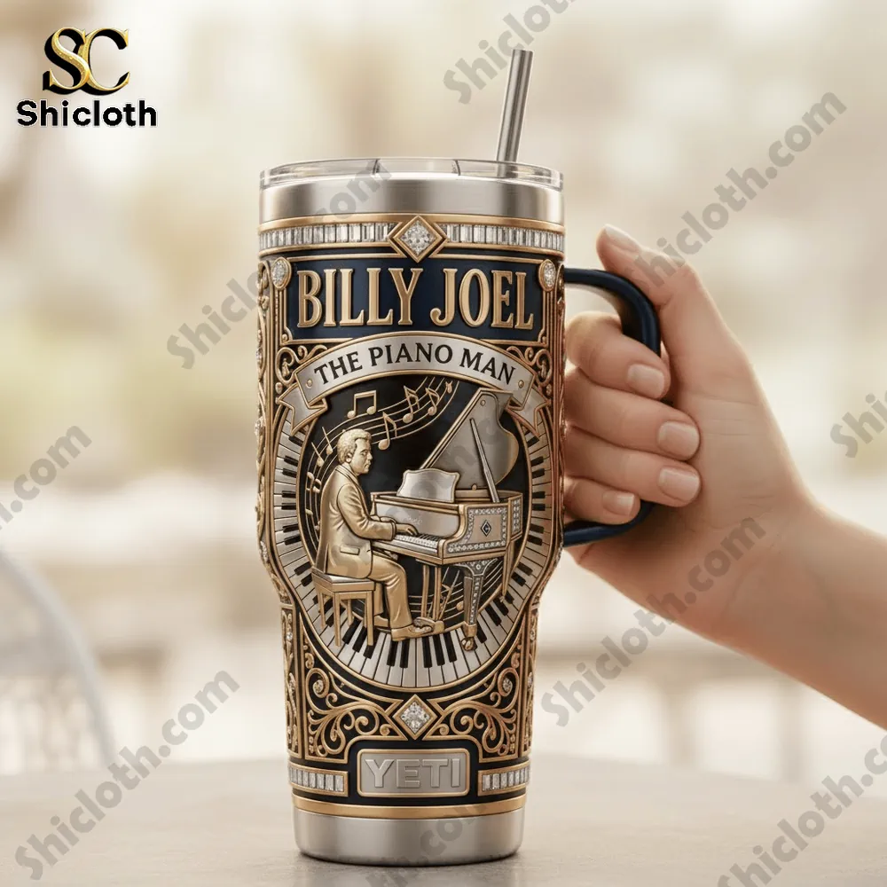 Billy Joel The Piano Man 40oz Yeti Tumbler With Handle 3 Hand holding Yeti Piano Man tumbler with straw!