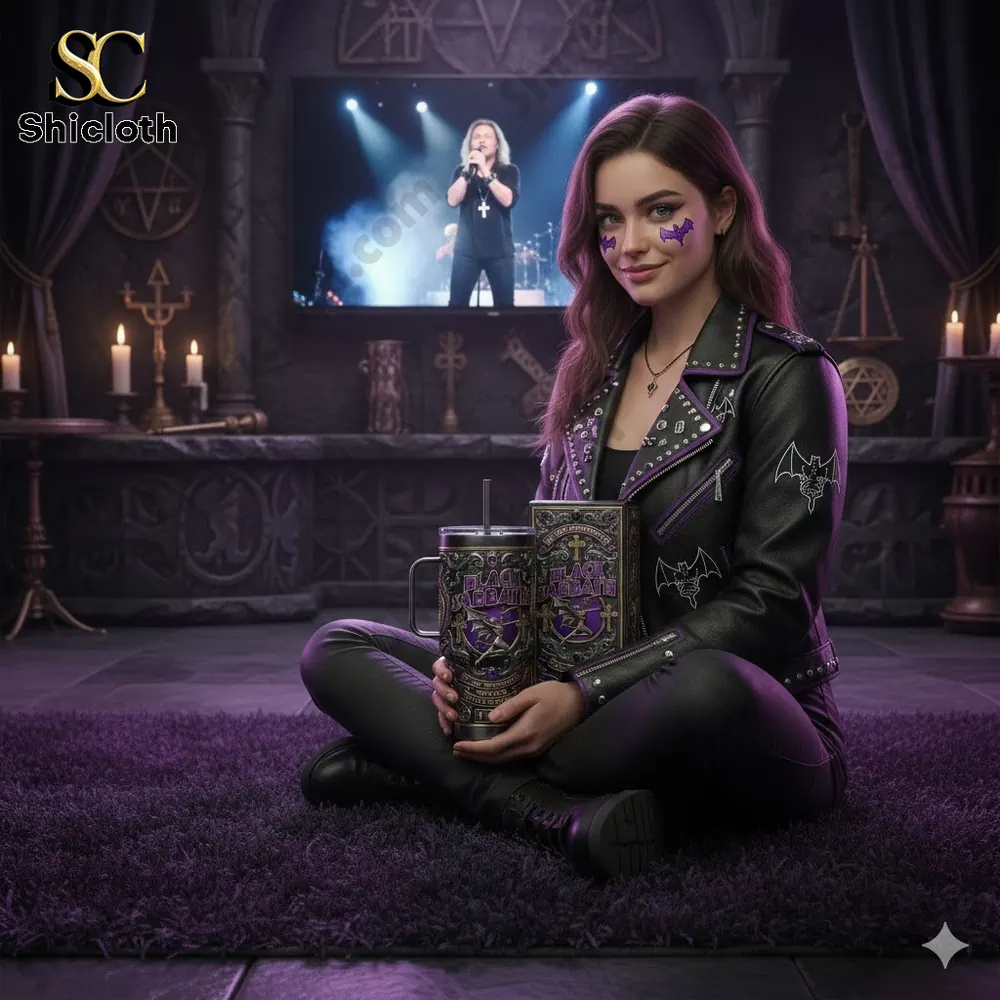 Woman sitting in gothic room holding Black Sabbath Yeti mug from Shicloth!