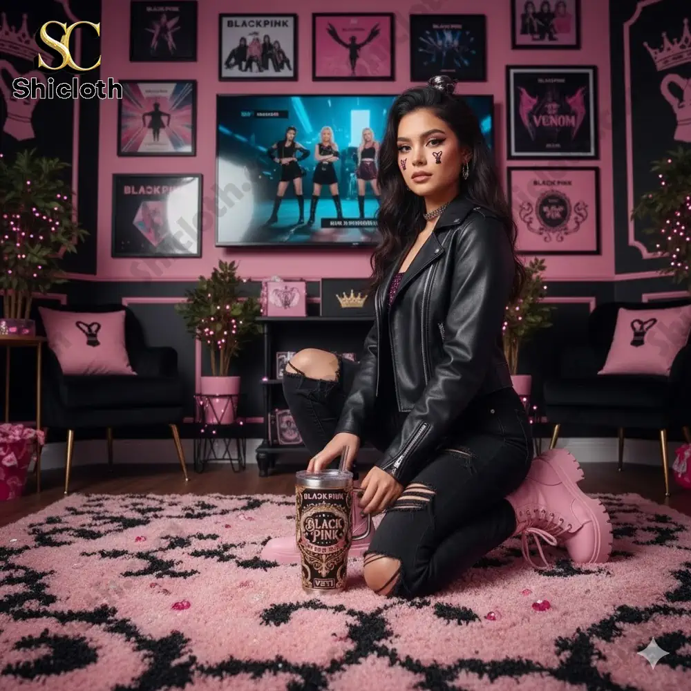 Blackpink fan kneeling in pink themed room holding Blackpink In Your Area tumbler from Shicloth