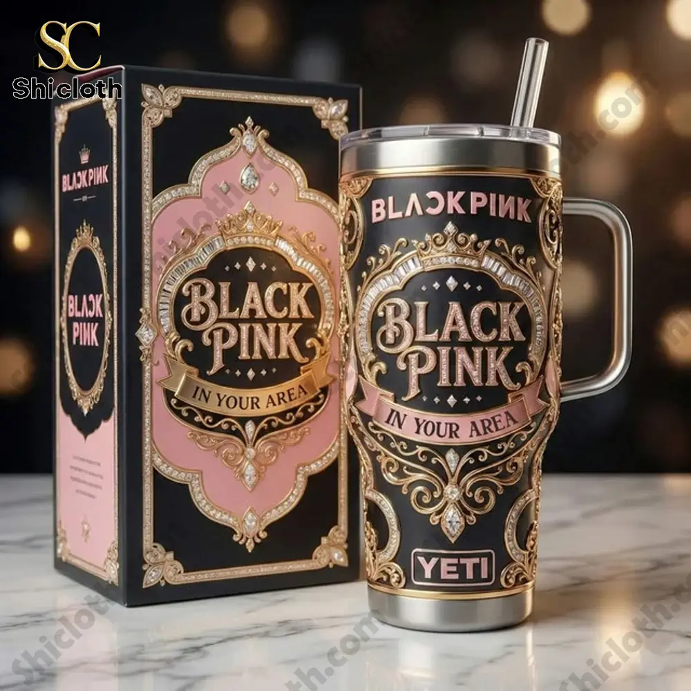 Blackpink In Your Area tumbler with decorative box displayed on table from Shicloth