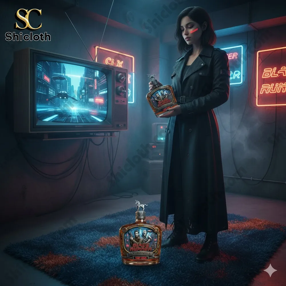 Cyberpunk woman holding Blade Runner bottle in neon room!