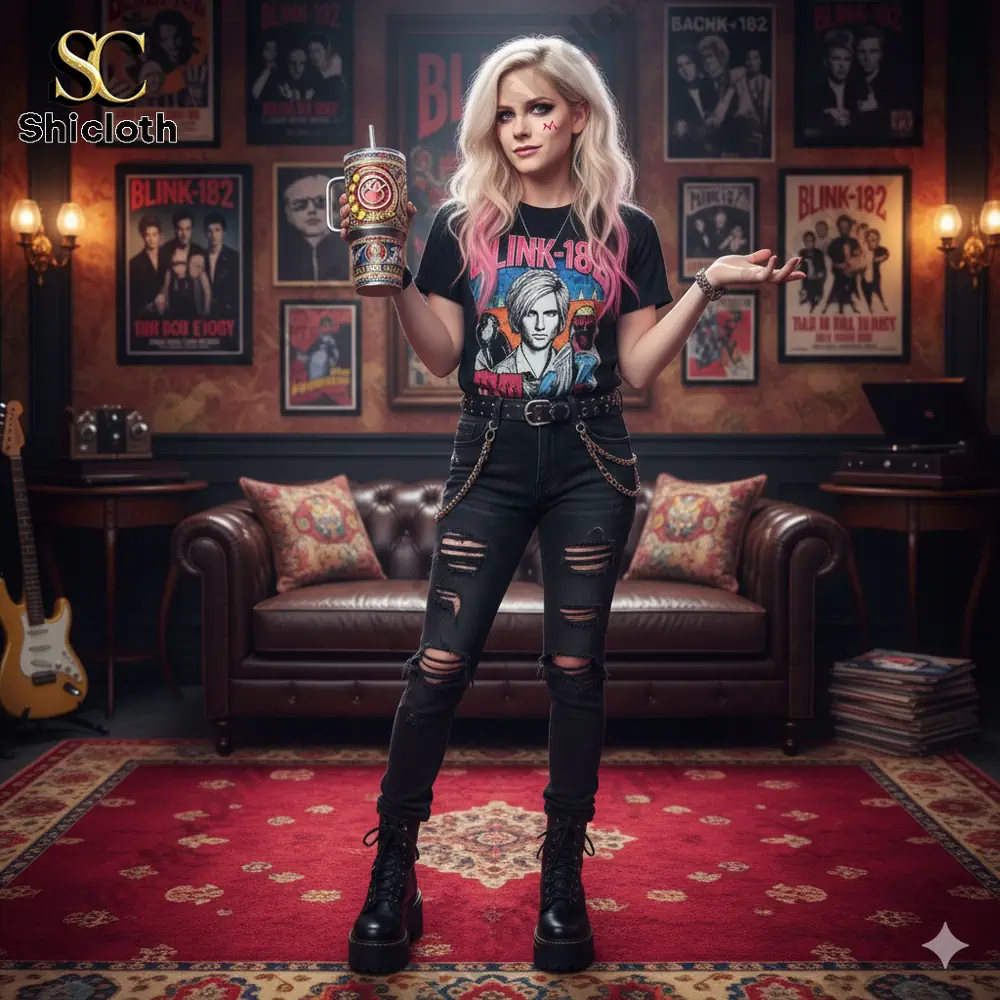Female rock style model holding Blink 182 tumbler in music themed room!