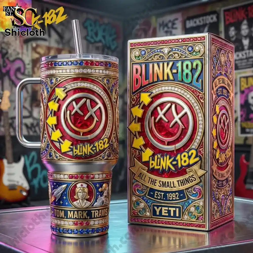 Blink 182 tumbler with decorative box on music studio table!