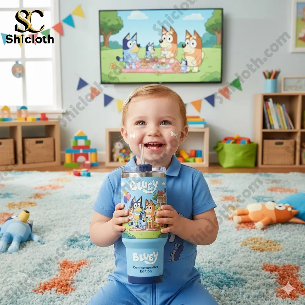 Smiling baby holding Bluey commemorative tumbler in playroom!