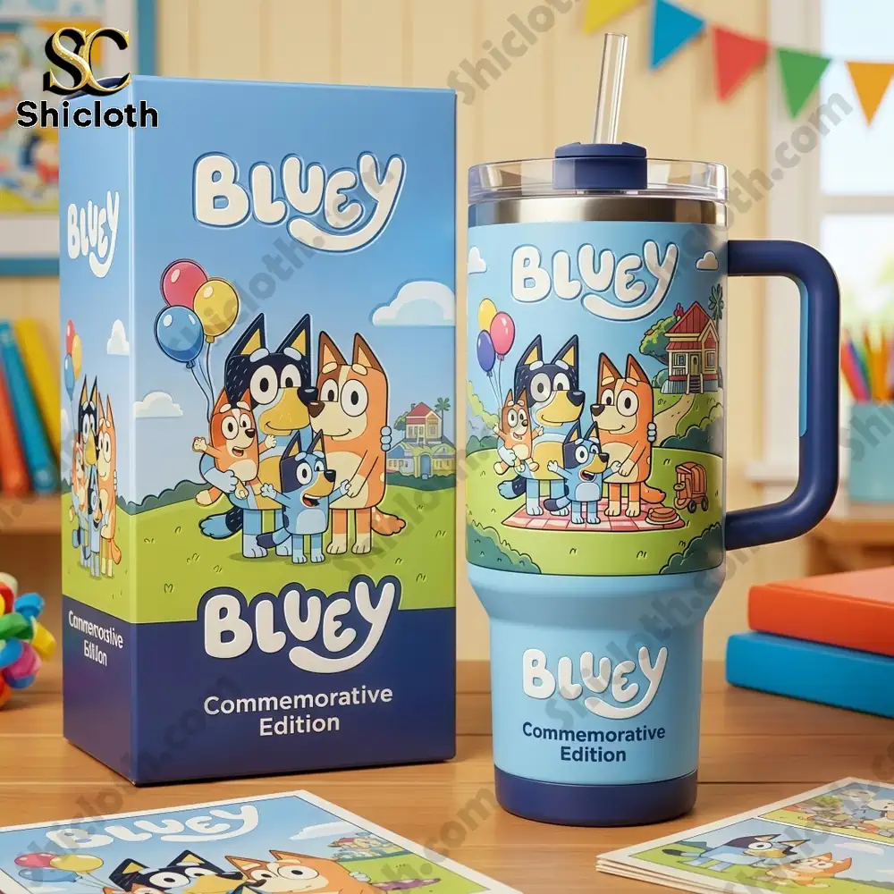 Bluey commemorative tumbler with box on table!