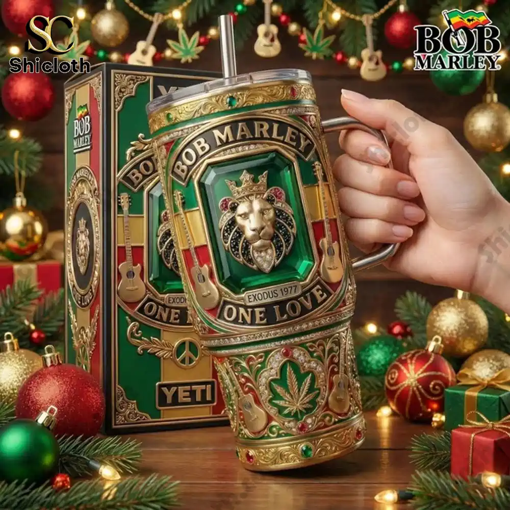 Bob Marley One Love Tumbler Cup 3 Hand holding Bob Marley One Love tumbler with festive background from Shicloth!