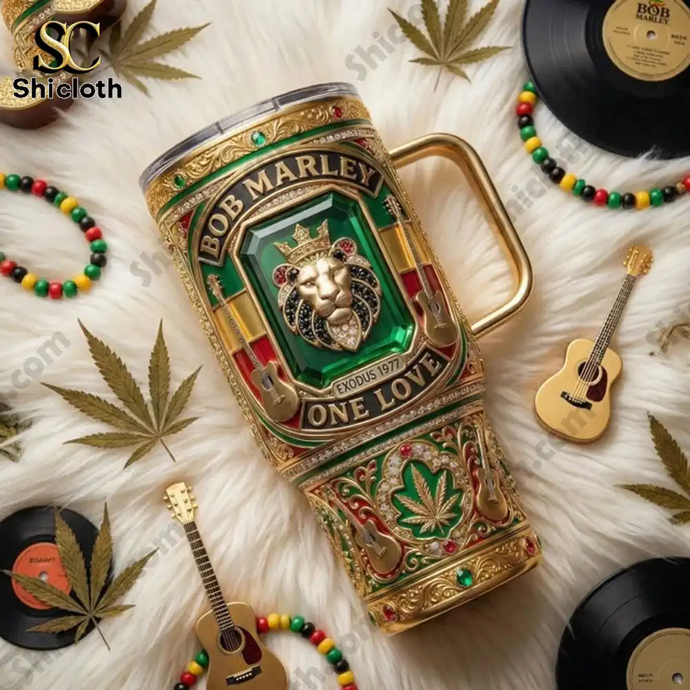 Bob Marley One Love Tumbler Cup 4 Bob Marley One Love tumbler surrounded by music and culture decor from Shicloth!