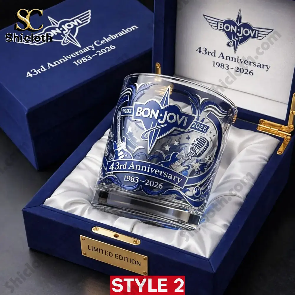 Bon Jovi 43rd Anniversary Collector's Glass 3 Blue limited edition Bon Jovi whiskey glass in gift box from Shicloth!