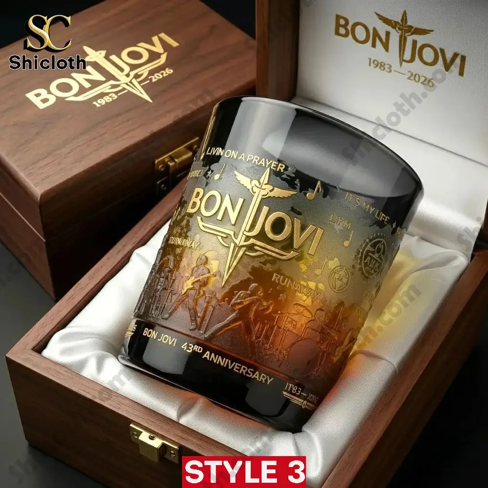 Bon Jovi 43rd Anniversary Collector's Glass 4 Dark etched Bon Jovi anniversary whiskey glass in wooden box from Shicloth!