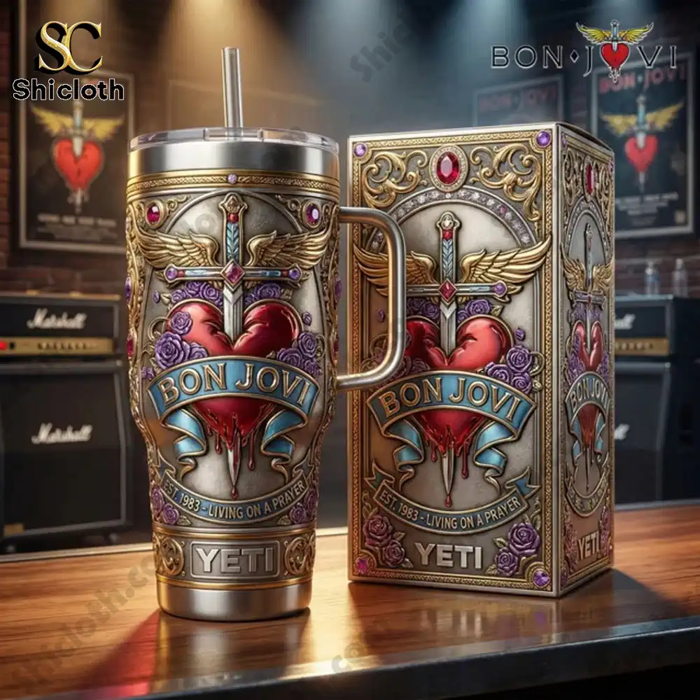 Bon Jovi insulated tumbler with decorative box on stage!