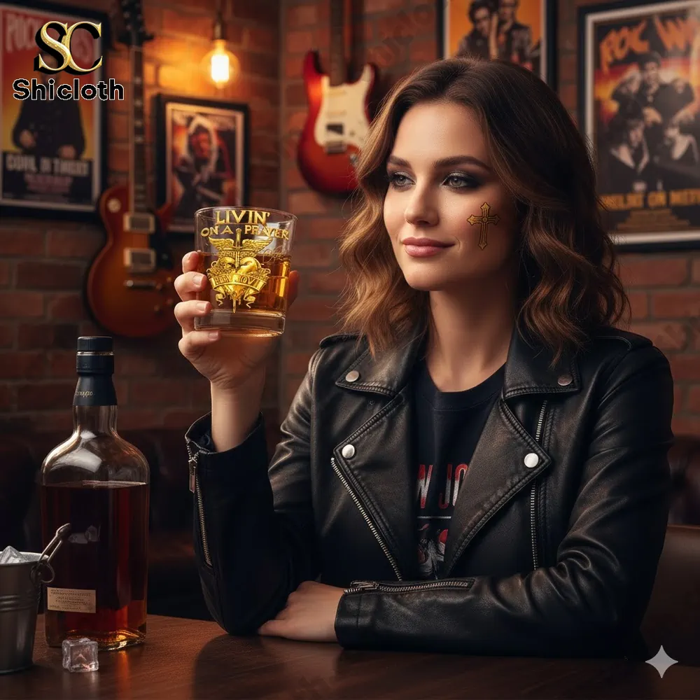 Woman holding a rock themed whiskey glass in a music bar setting!