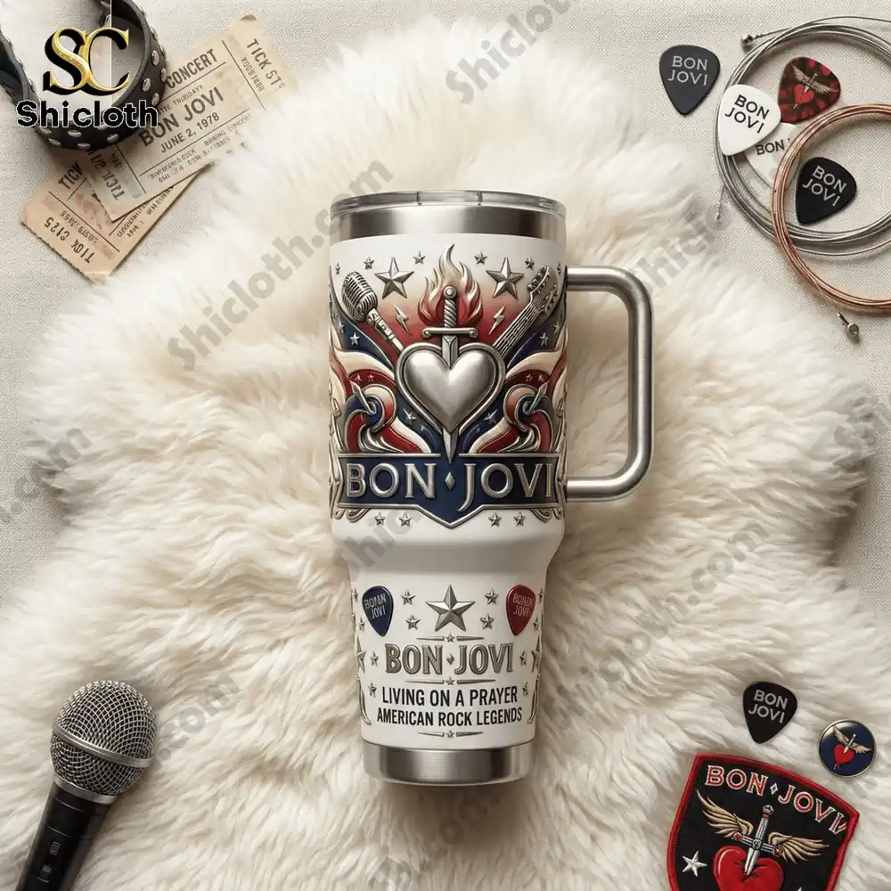 Bon Jovi Living On A Prayer American Rock Legends Tumbler 3 Bon Jovi tumbler surrounded by music accessories!
