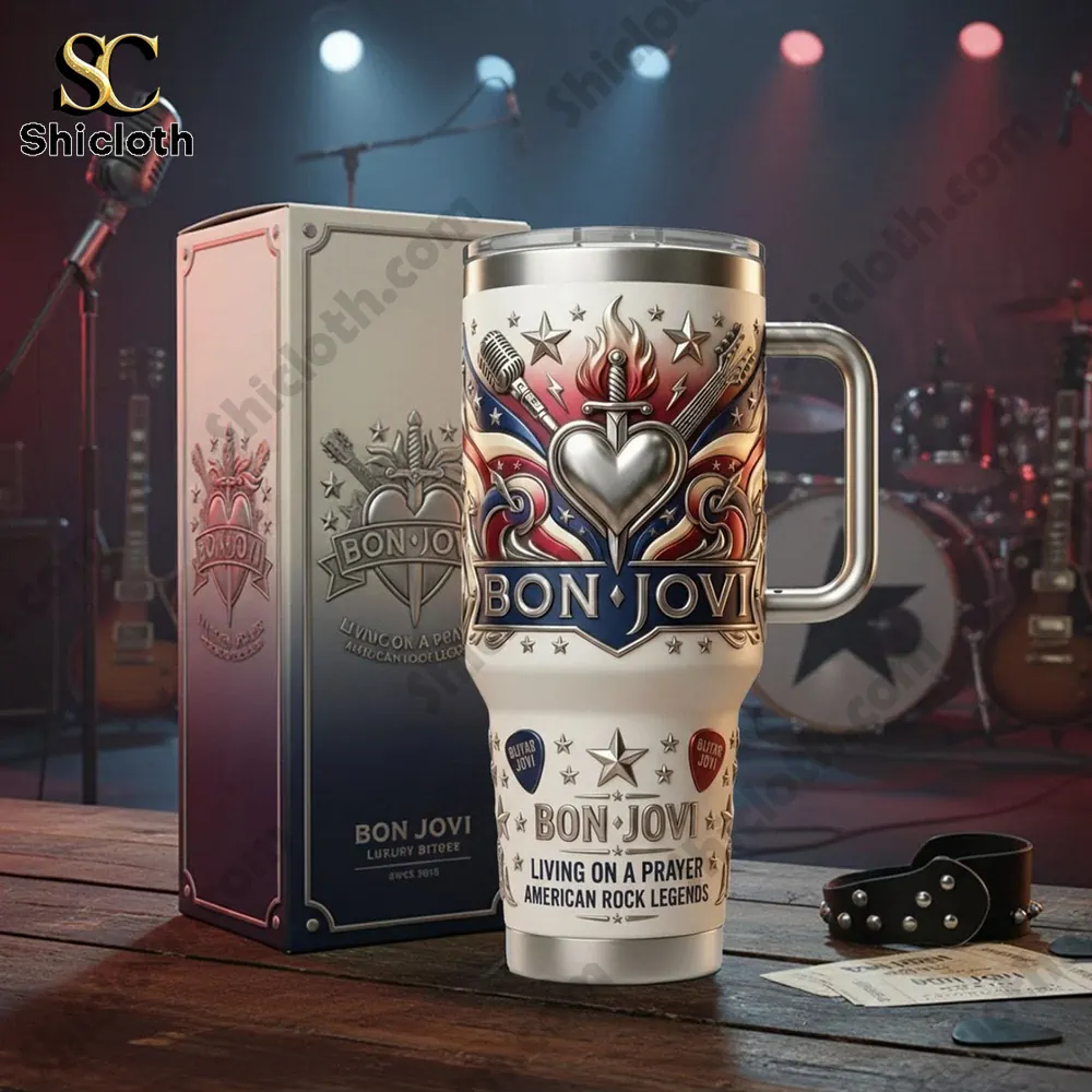 Bon Jovi Living On A Prayer American Rock Legends Tumbler 4 Bon Jovi tumbler with concert stage background!