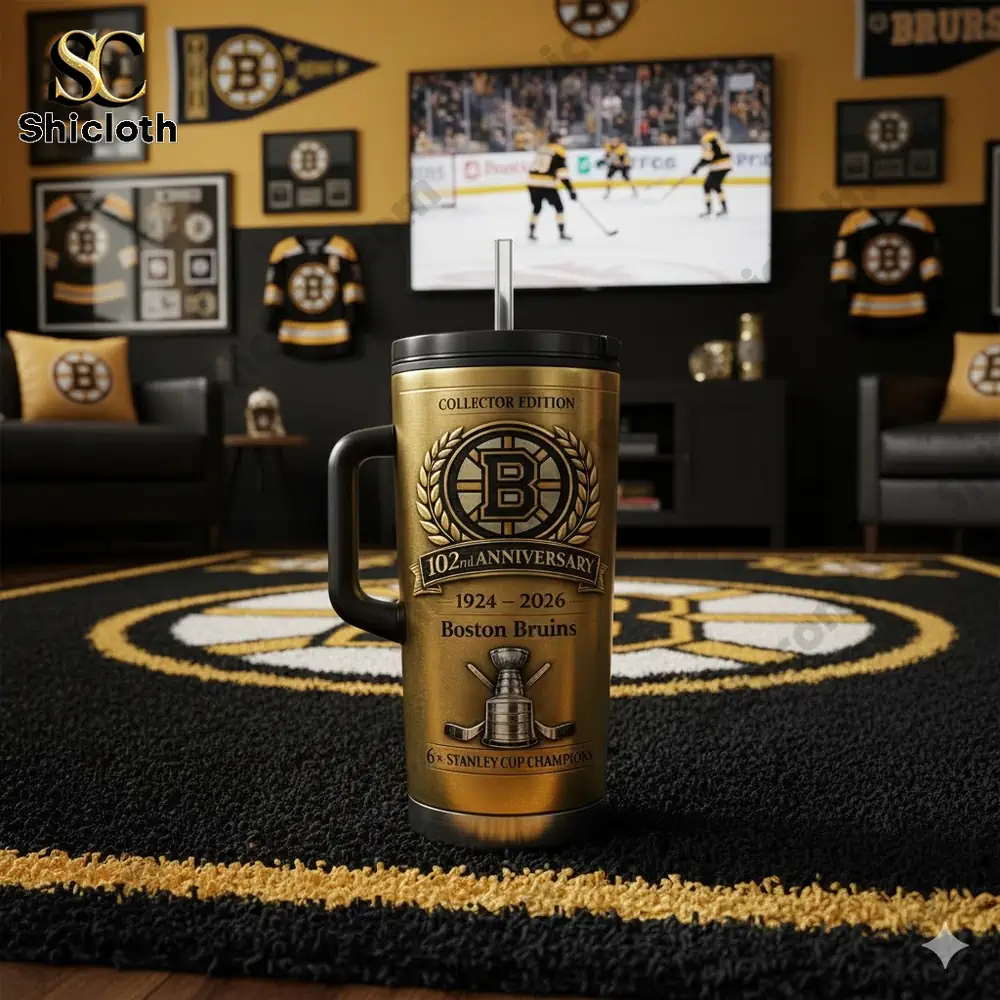 Boston Bruins anniversary tumbler mug displayed in a fan themed room by Shicloth!