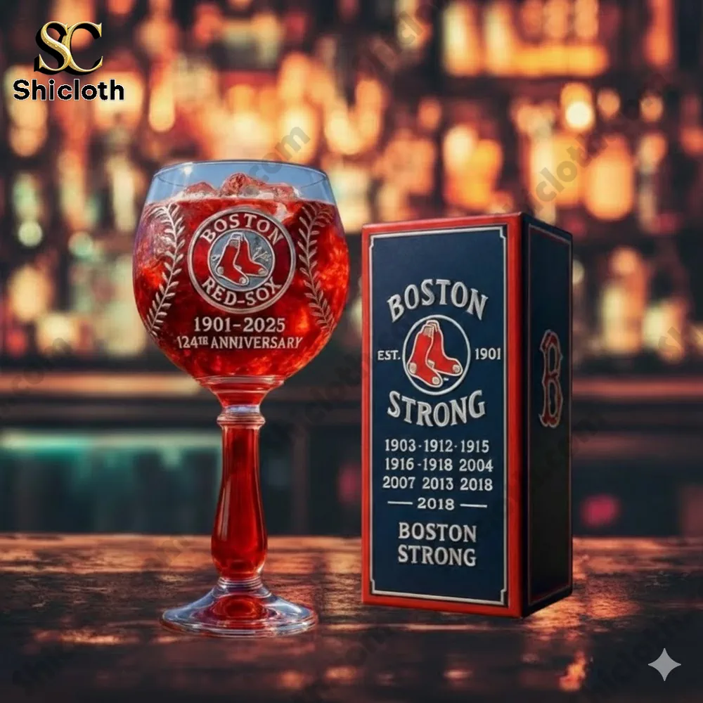Boston Red Sox anniversary glass displayed on a bar counter!