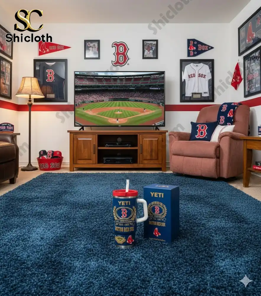 Boston Red Sox themed living room with Yeti mug on carpet!