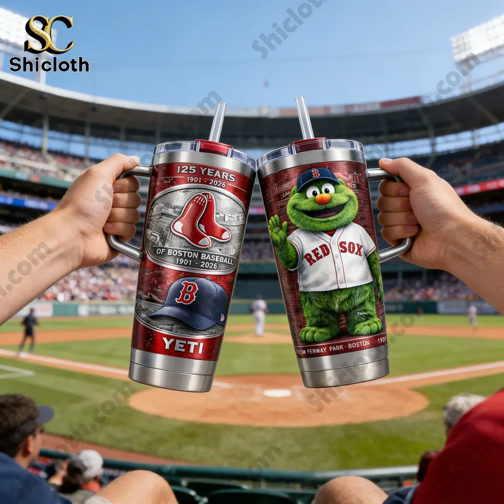 Two Boston Red Sox themed handled tumblers raised at a baseball stadium!
