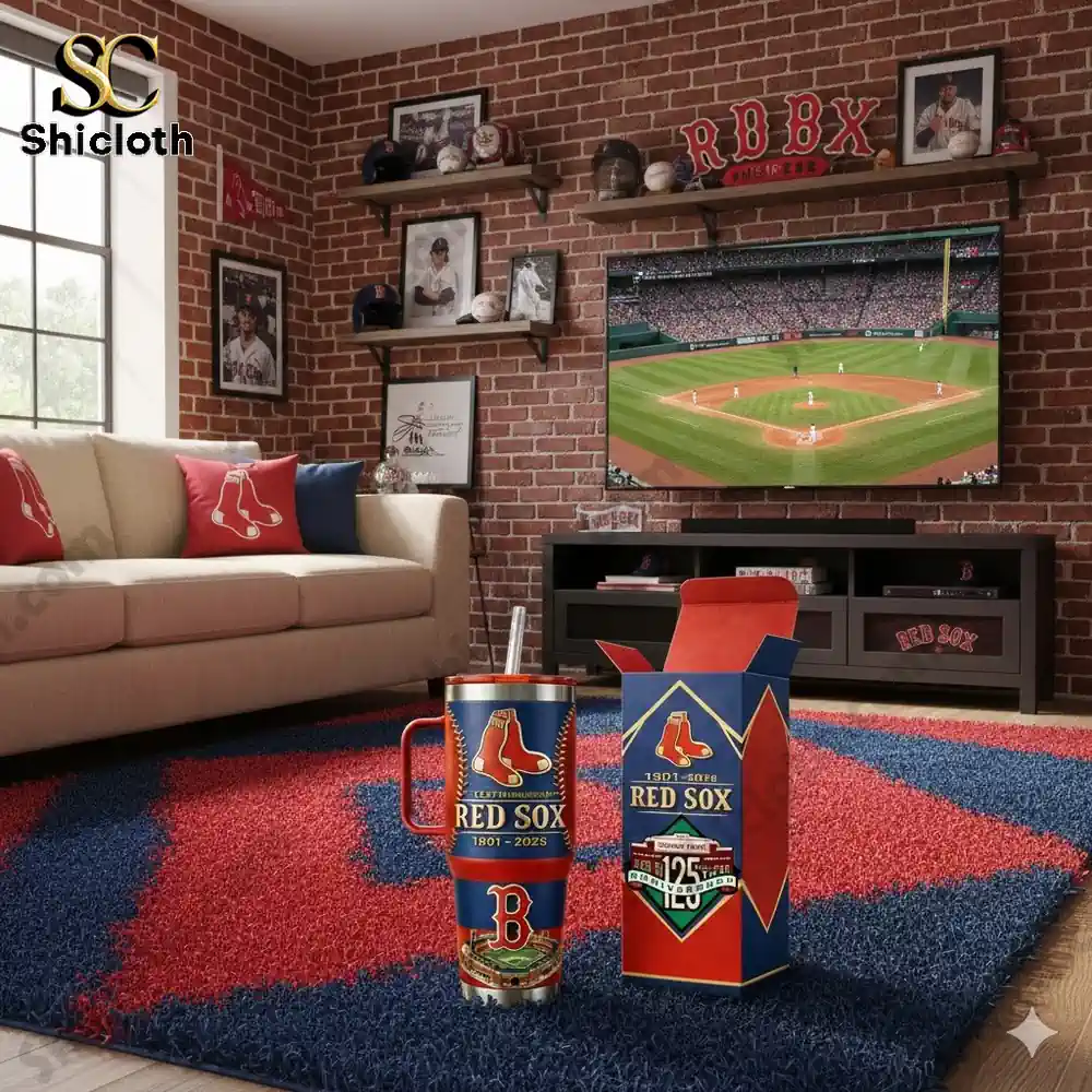 Red Sox anniversary mug and box in fan living room!