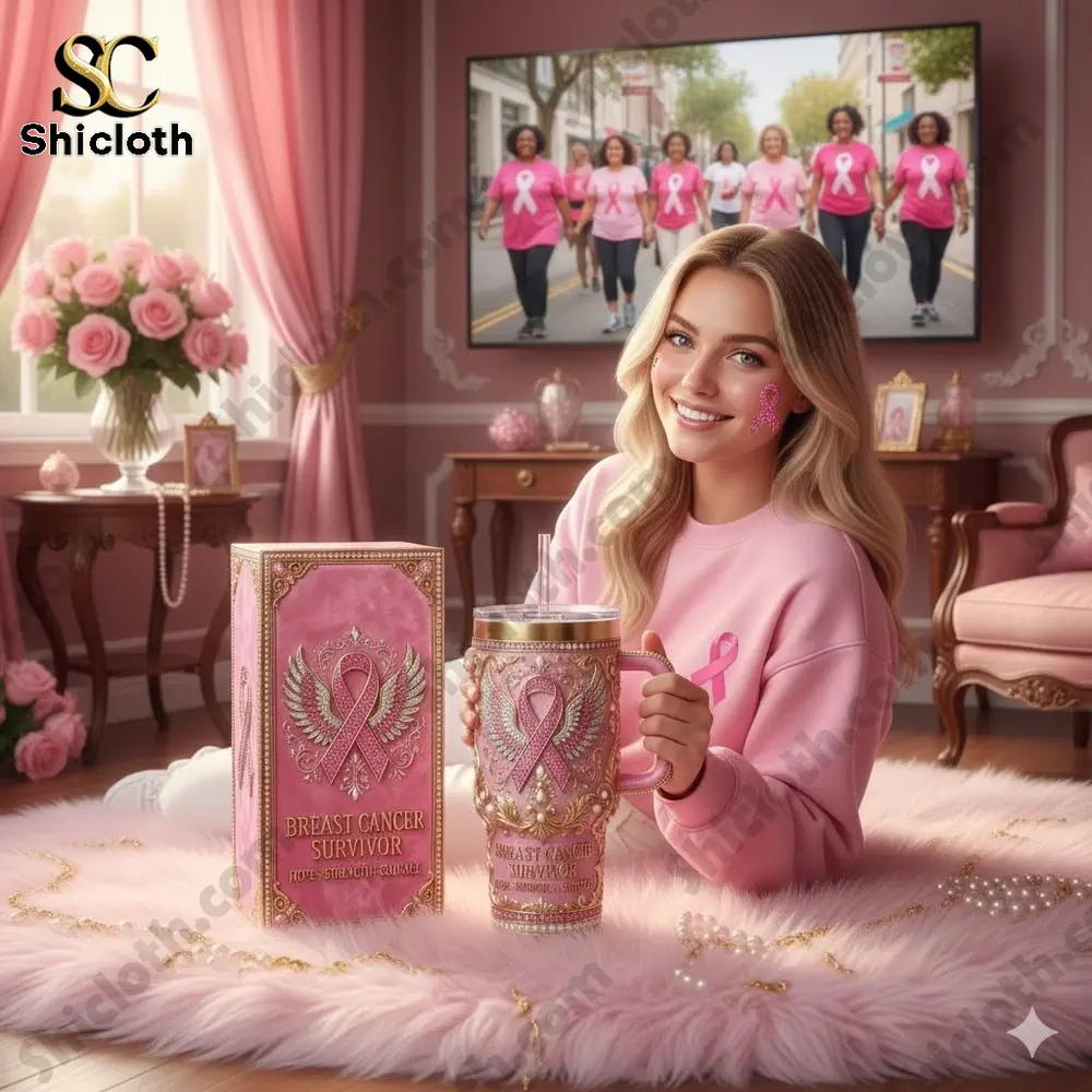 Woman holding pink breast cancer survivor tumbler in elegant pink room.