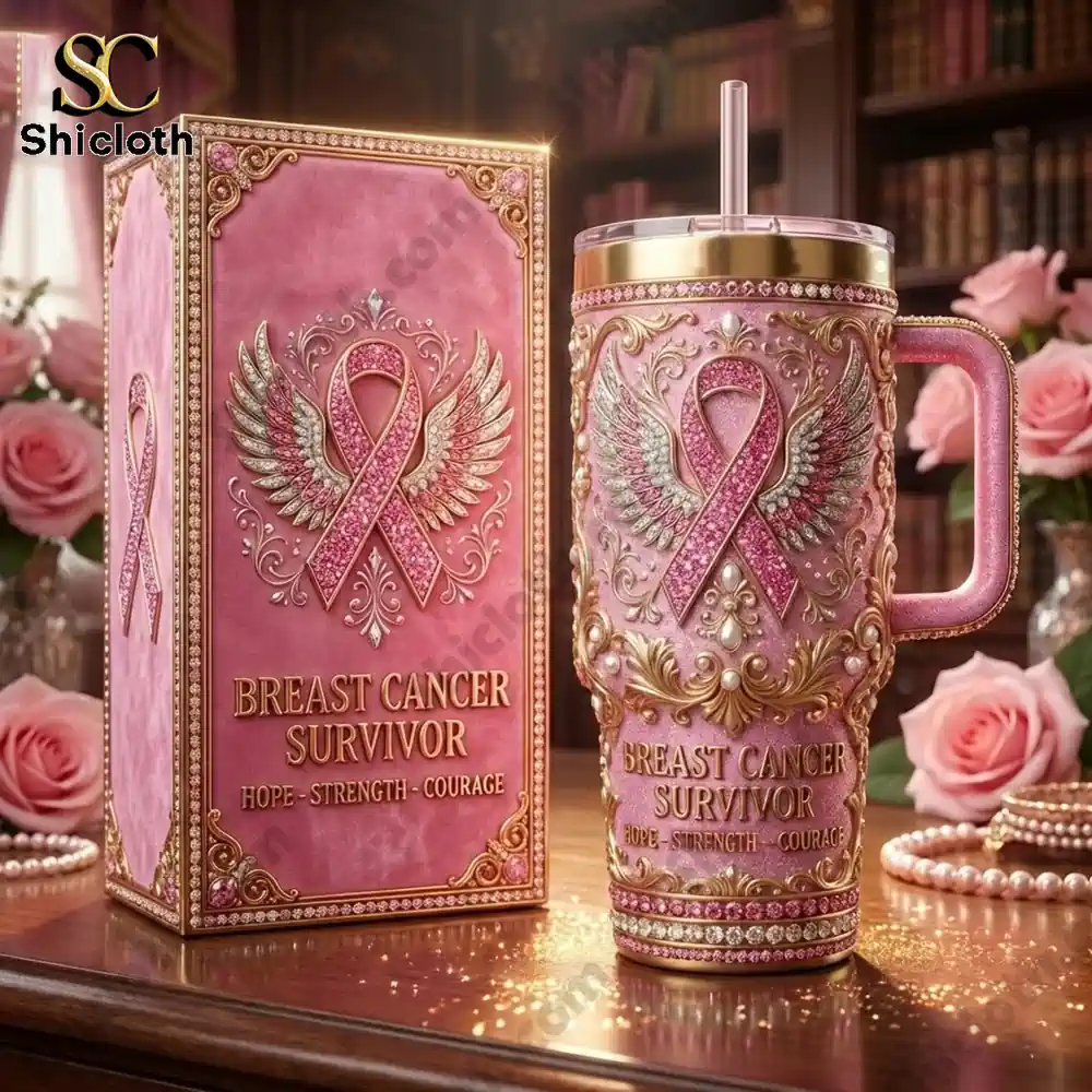Pink breast cancer survivor tumbler and gift box on wooden table.