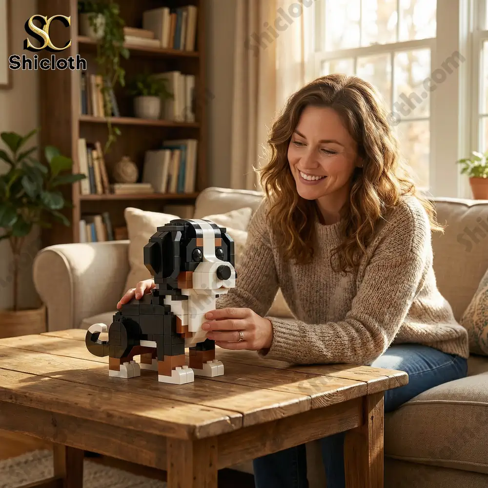 Woman placing block dog model on table!