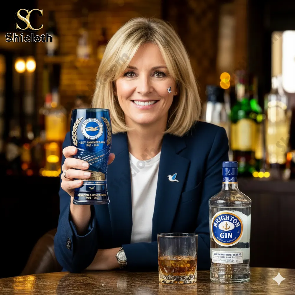 Smiling woman holding Brighton and Hove Albion anniversary beer glass in a bar!