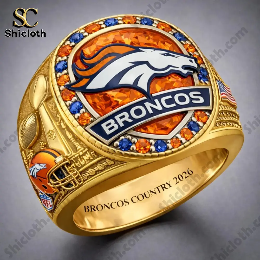 Gold Denver Broncos championship ring with orange blue stones by Shicloth!