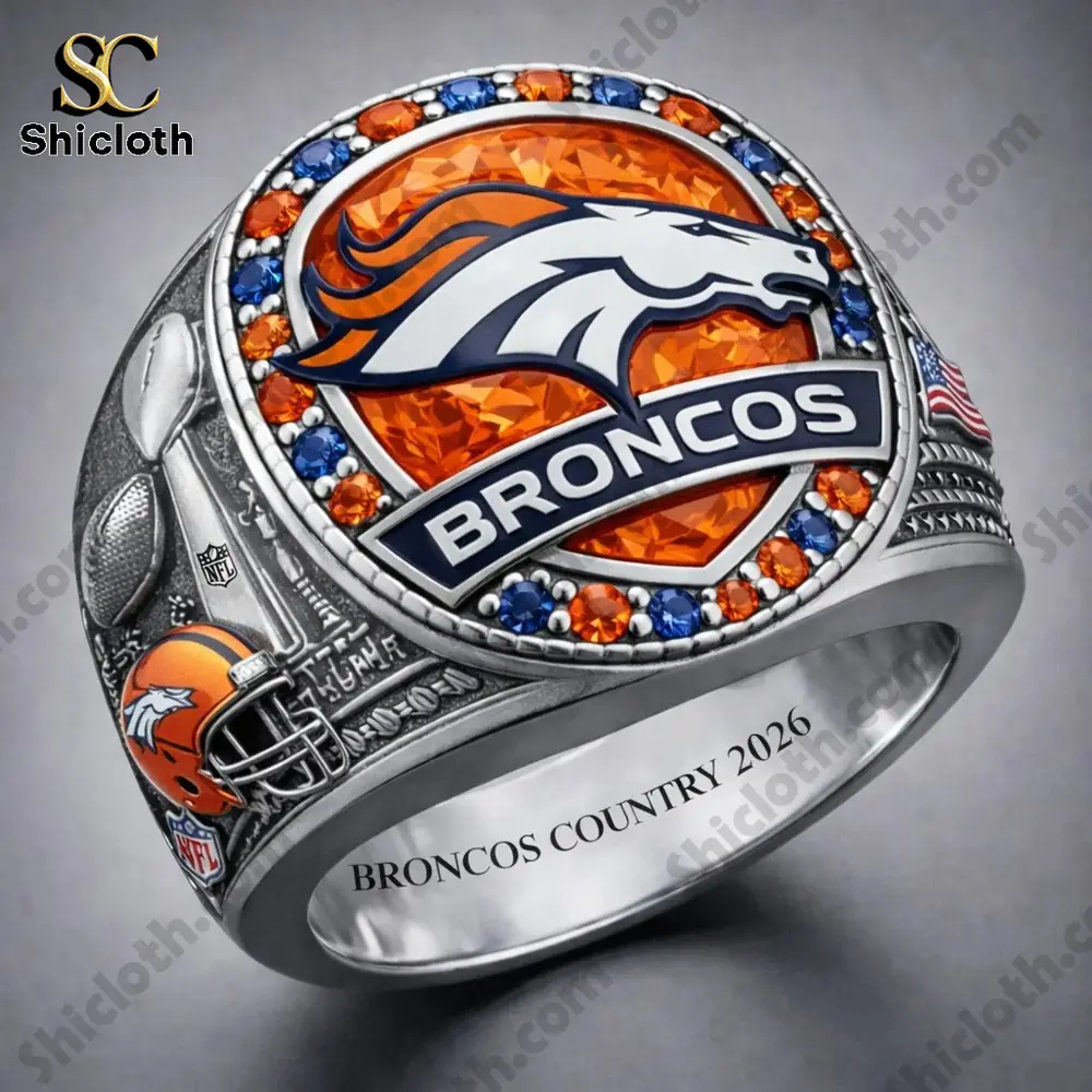 Silver Denver Broncos championship ring with orange blue stones by Shicloth!