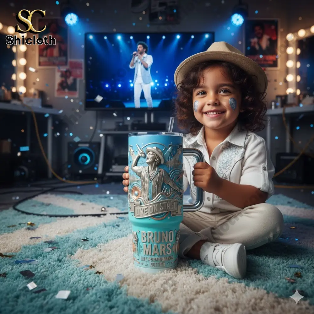 Child fan holding Bruno Mars live performance mug at home!