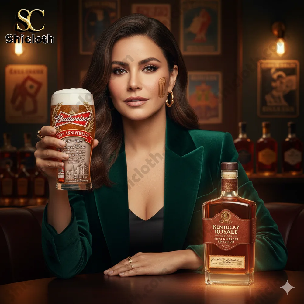 Elegant woman holding Budweiser beer glass at bar table!