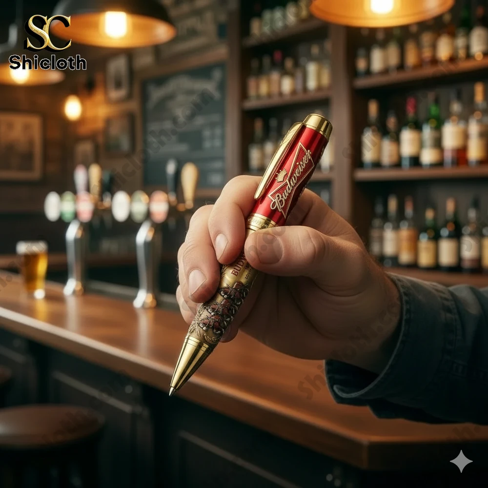 Hand holding Budweiser anniversary pen in bar setting!