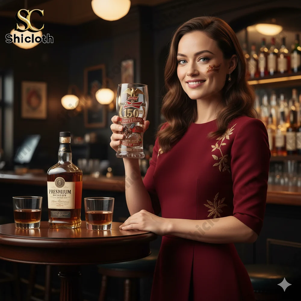 Woman holding Budweiser anniversary beer glass in a bar!