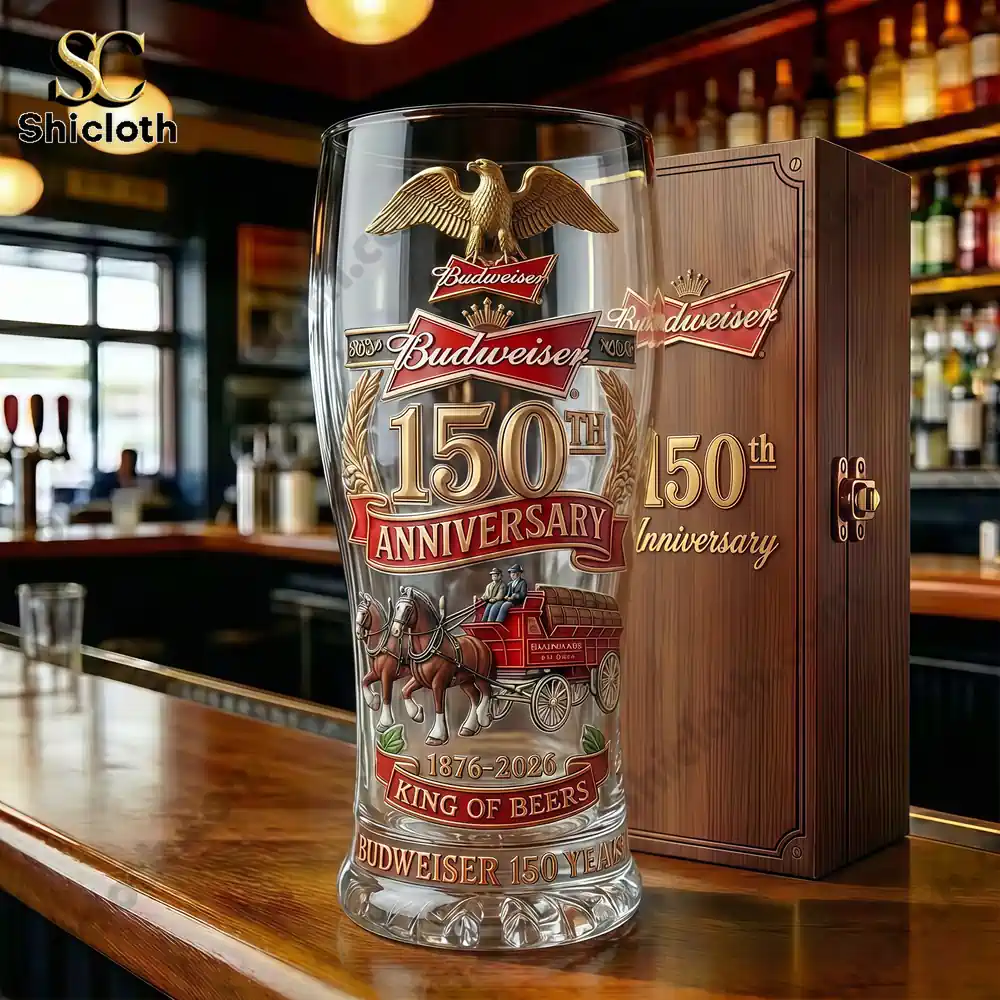 Budweiser anniversary beer glass with wooden gift box on bar counter!