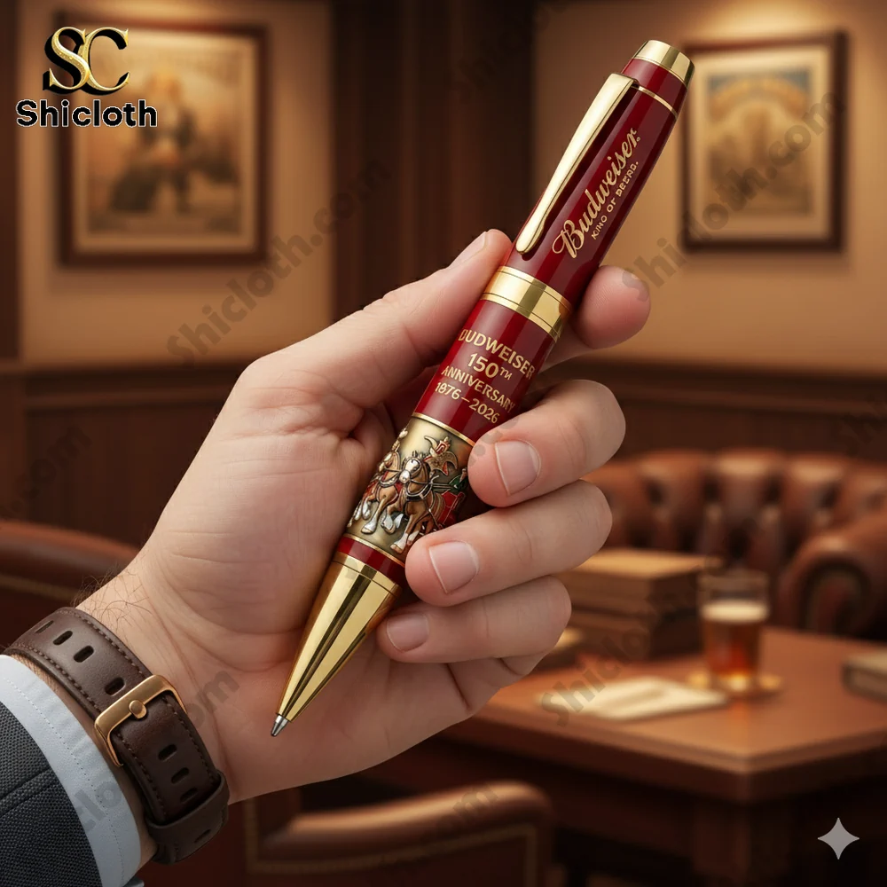 A red and gold Budweiser anniversary pen held in a hand!