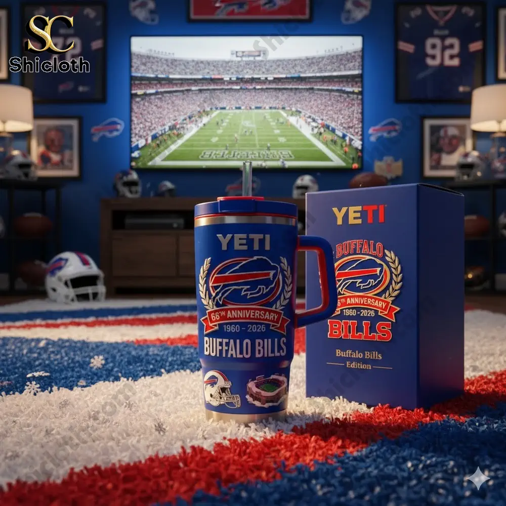 Buffalo Bills anniversary Yeti tumbler displayed in a fan living room with game on television!
