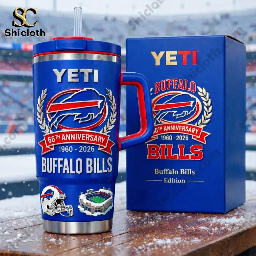 Buffalo Bills anniversary Yeti tumbler with box displayed in snowy stadium setting!