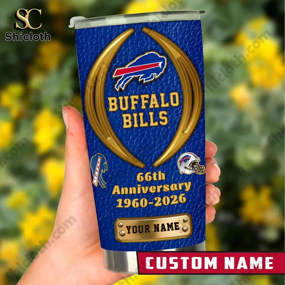 Buffalo Bills custom name blue tumbler held in hand!