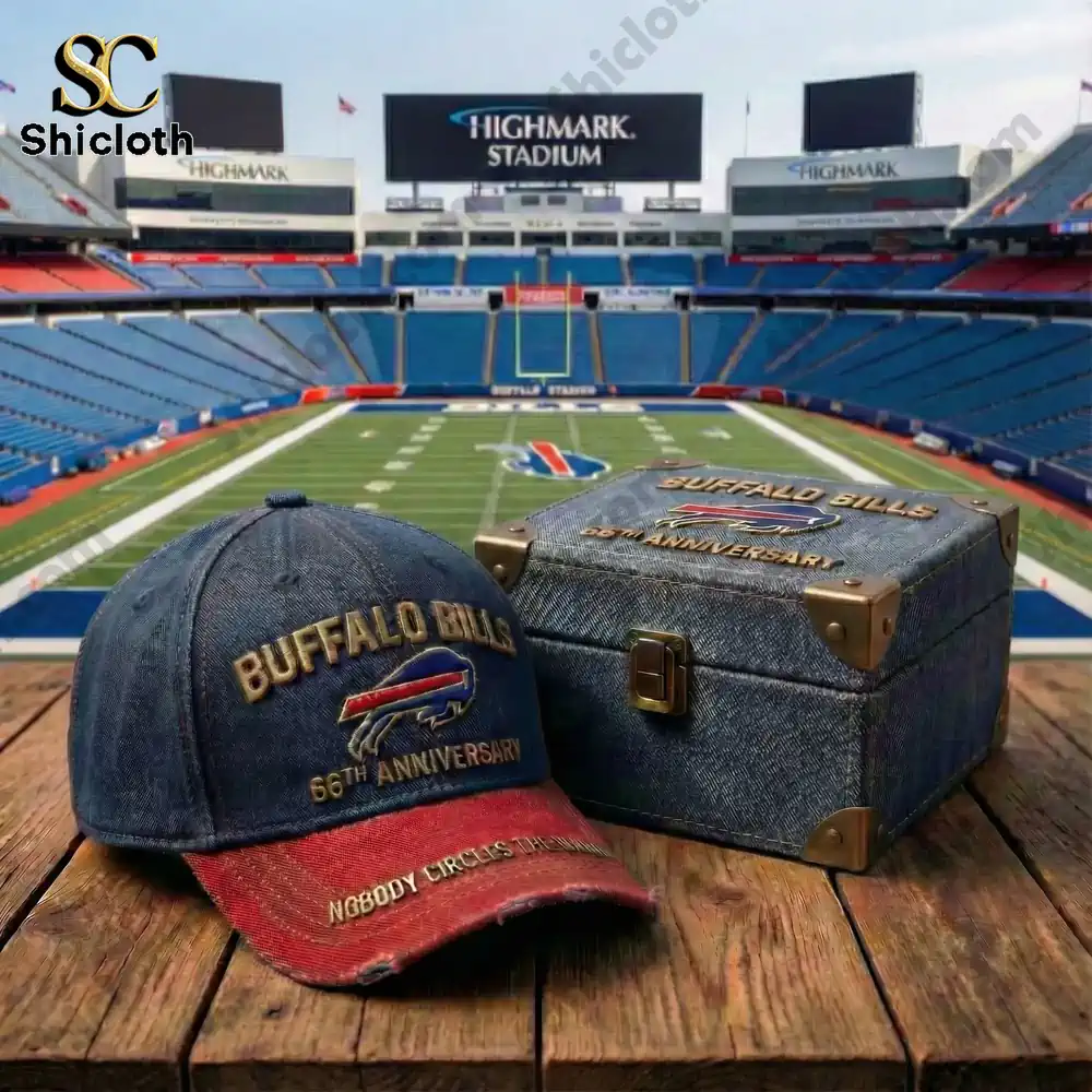 Buffalo Bills anniversary cap and keepsake box on a wooden table inside Highmark Stadium!