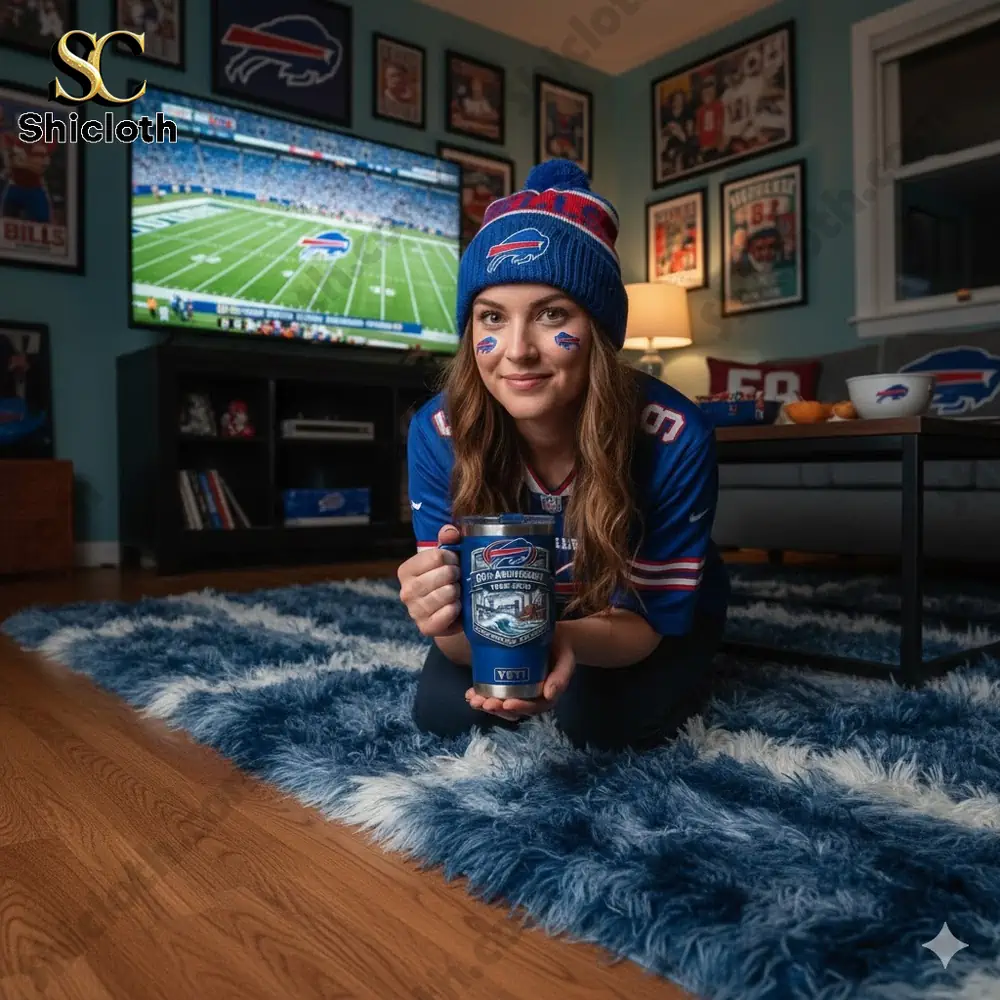 Buffalo Bills fan holding Shicloth mug in a cozy living room!