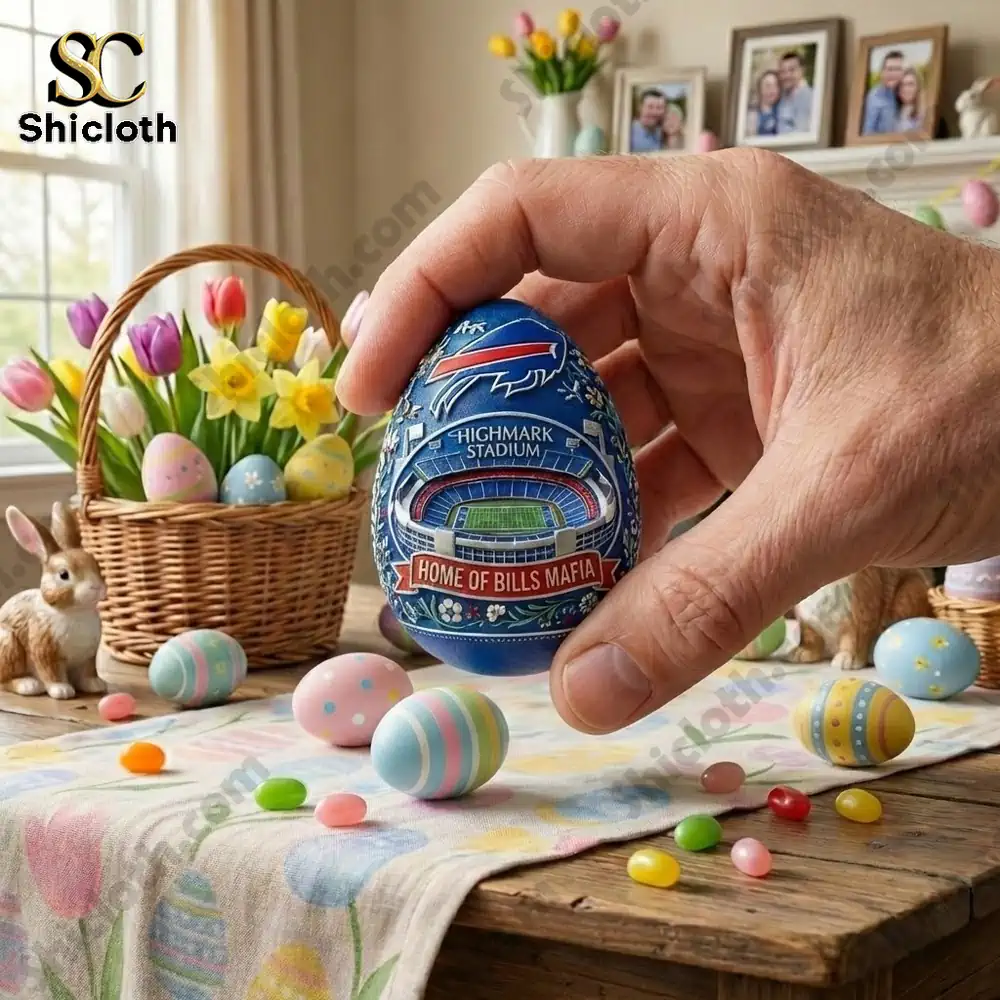 Buffalo Bills Highmark Stadium Farewell Season Commemorative Easter Egg Figure 3 Hand holding Buffalo Bills decorative egg on festive table!