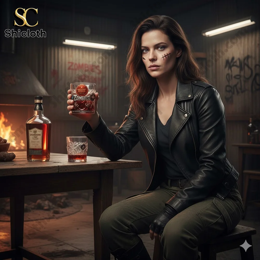 Woman holding Zombies themed whiskey glass in apocalyptic bar scene!