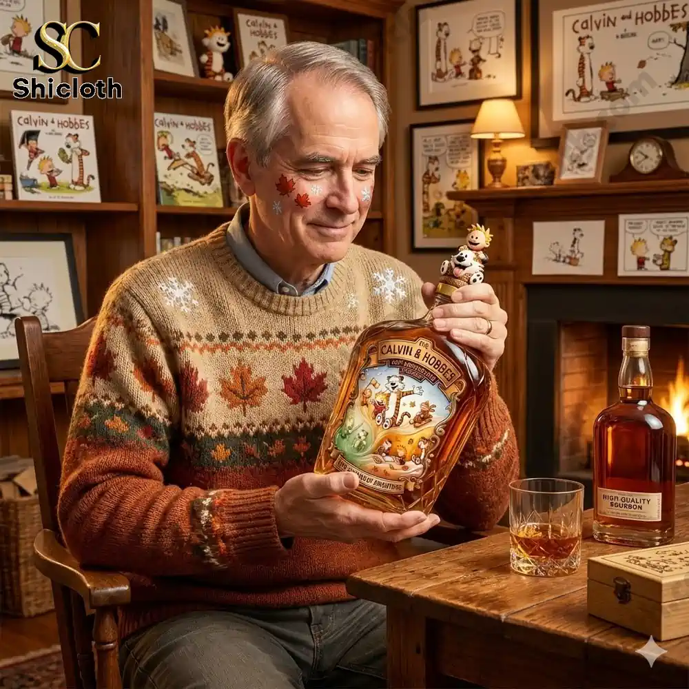 Man holding Calvin and Hobbes themed whiskey bottle in cozy room.