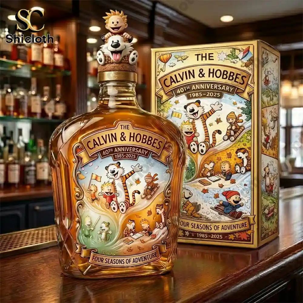 Calvin and Hobbes themed whiskey bottle and box on bar counter.