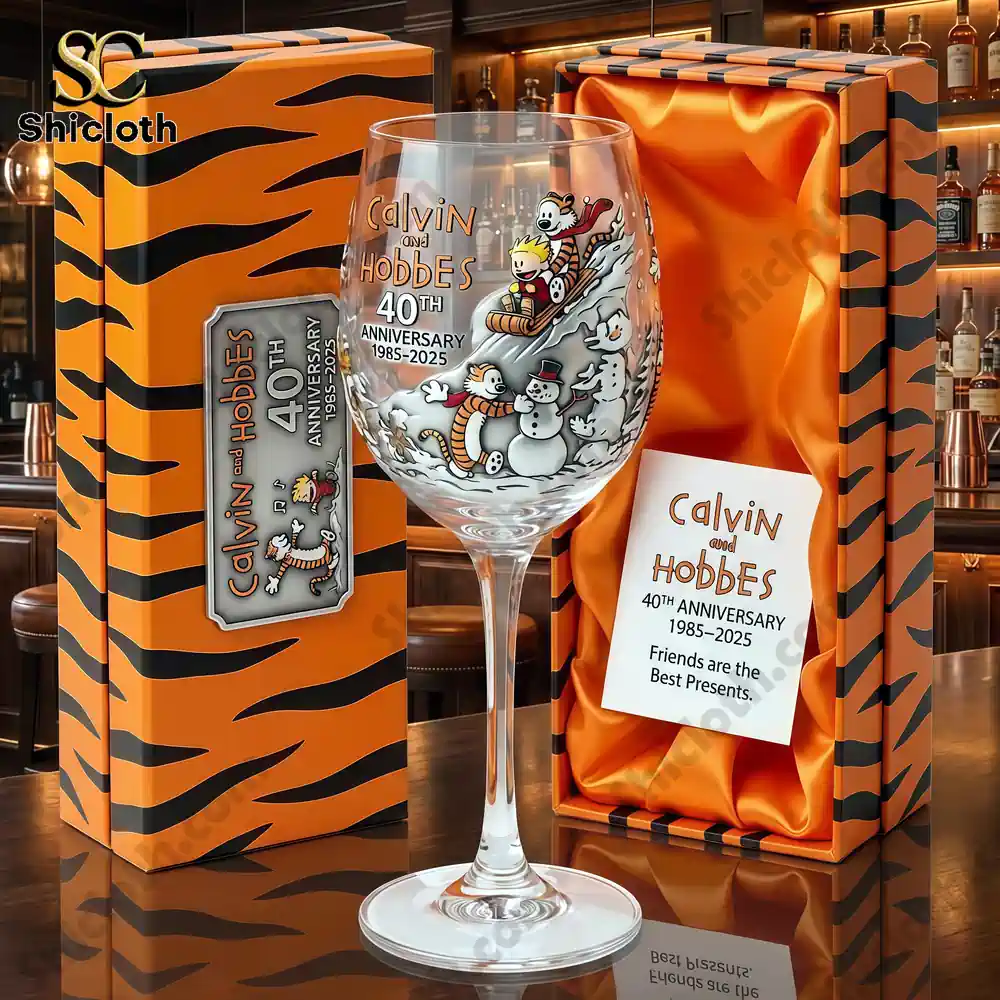 Calvin and Hobbes anniversary wine glass with gift box!