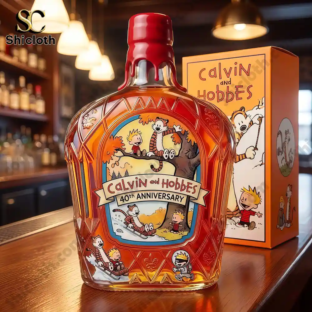 Illustrated anniversary whisky bottle displayed on a bar counter!