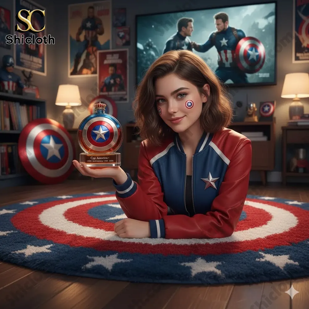 Woman holding Captain America shield perfume bottle in themed room!