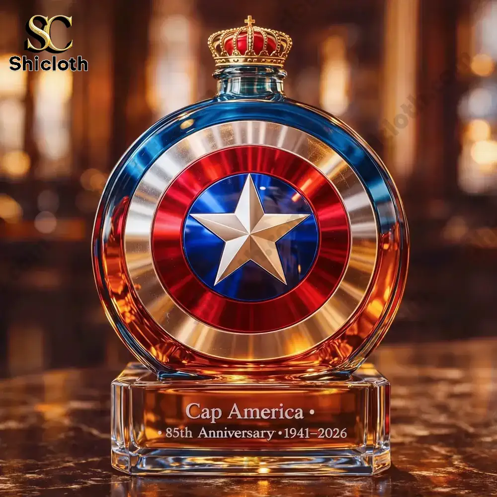 Close up of Captain America shield perfume bottle with crown cap!