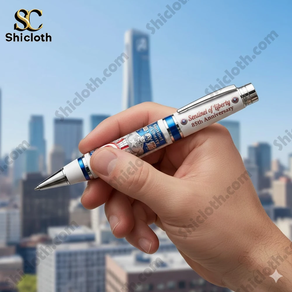 Hand holding Sentinel of Liberty pen with city skyline background!